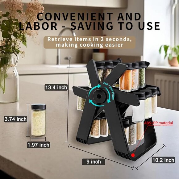 Rotating Spice Rack Organizer, spice jars,18 Glass Jars, 18 jar rotating spice - Picture 2 of 8